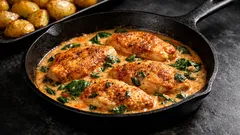 Creamy Marry Me chicken skillet with Parmesan spinach sauce and garlic butter potatoes