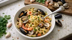Pasta Mare e Monti: fettuccine with mussels, clams, shrimp, and mushrooms