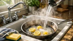 Clean a burnt pan fast with lemon and hot water